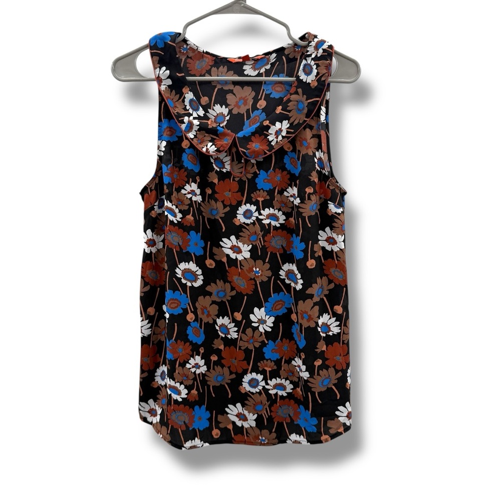 ModCloth Floral Sleeveless Blouse Women’s Size Medium Black Blue Brown Peter Pan